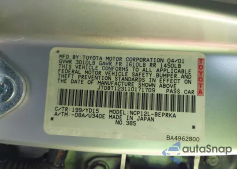 2001 Toyota Echo from USA, damaged, VIN JTDBT123110171709